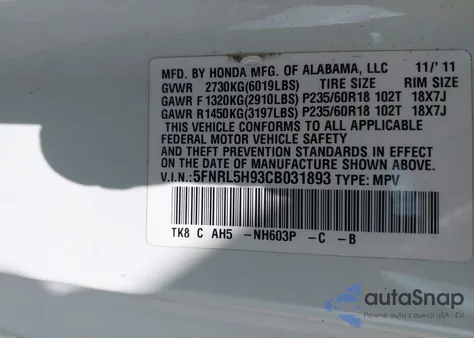 2012 Honda Odyssey Touring/Touring Elite z USA, uszkodzony, nr VIN 5FNRL5H93CB031893